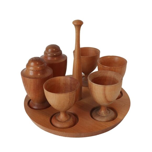 Vintage MCM Wooden Tray with Salt and Pepper and 4 Egg Cups Napco Giftcraft - Picture 1 of 7